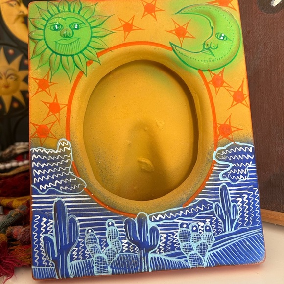 Vtg Mexican Folk Art Pottery Picture Frame Sun Moon Celestial Face Green Blue - Picture 7 of 16